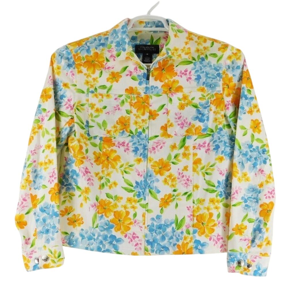 Jones New York Signature Cotton Blend Floral Long Sleeve Jacket Womens Medium